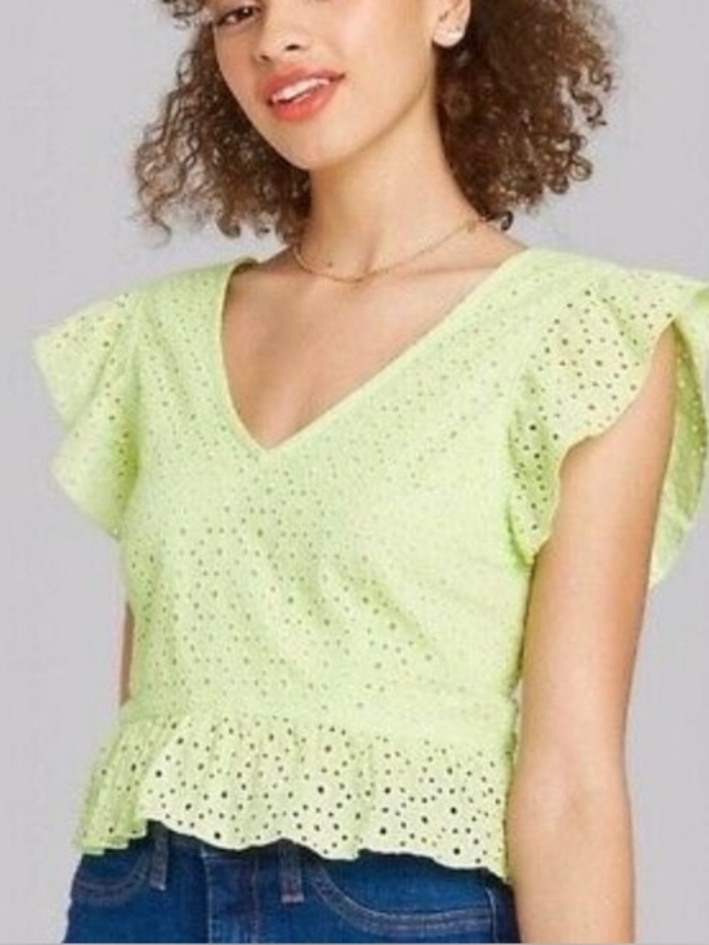 Wild Fable Lime Green Eyelet Flutter Sleeve Crop Top Cottagecore Smocked Back M